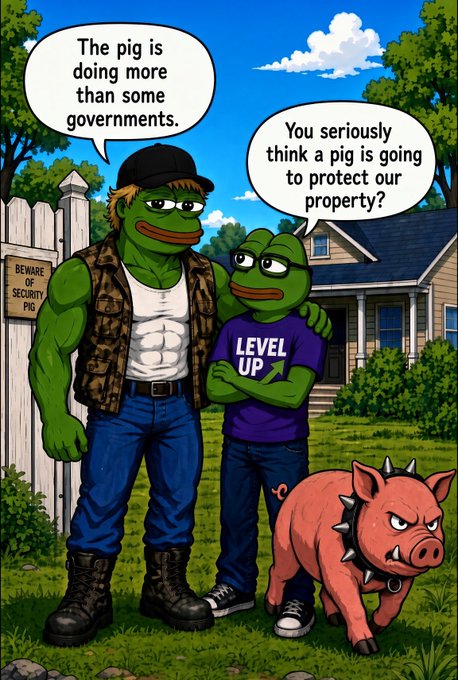 A cartoon illustration showing two Pepe-style frog characters standing in front of a suburban house, with one in a security vest saying 'The pig is doing more than some governments' and the other in a 'LEVEL UP' shirt asking 'You seriously think a pig is going to protect our property?' next to a spiked collar-wearing security pig.
