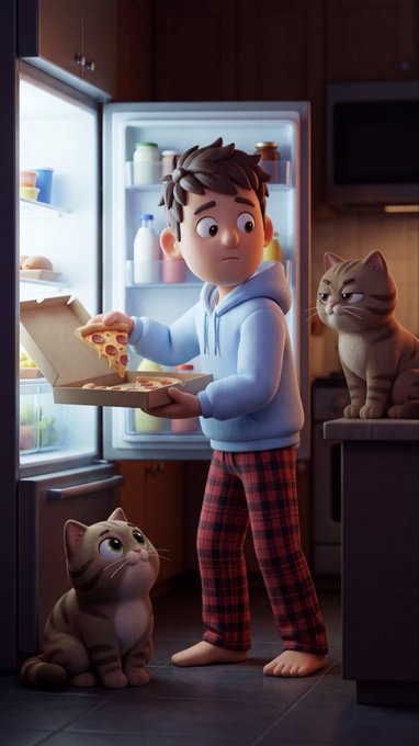 A 3D animated scene of a young man in a blue hoodie and red plaid pajama pants holding a pizza box in front of an open refrigerator, with two brown tabby cats watching him in a kitchen.