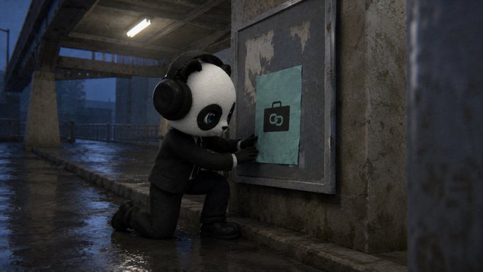 A 3D-rendered panda character wearing a suit and headphones kneels on a wet surface under a bridge, attaching a teal paper with a chain link logo to a wall.