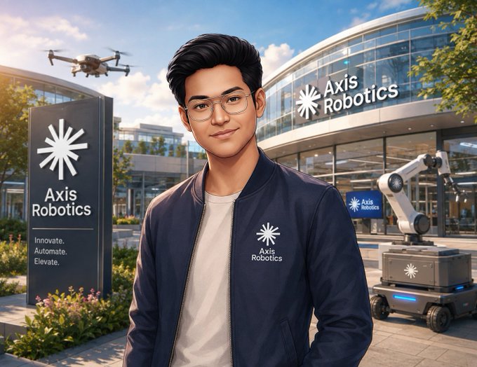 An AI-generated promotional image shows a smiling young man in an 'Axis Robotics' jacket standing in front of a modern building with the company logo, alongside a robotic arm and a drone flying overhead.