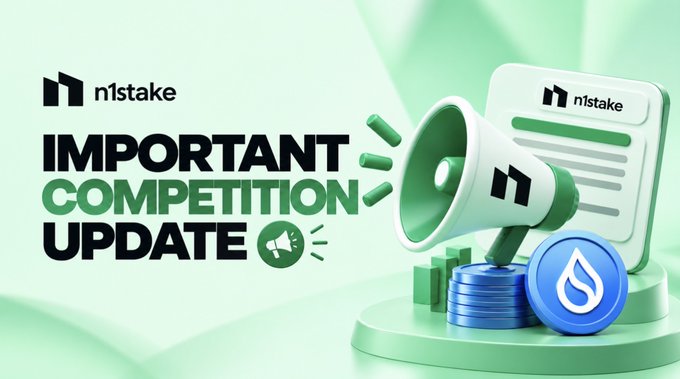 A promotional graphic from n1stake announcing an "IMPORTANT COMPETITION UPDATE" features a megaphone, document, and SUI coin illustration. The image relates to the post by visually emphasizing an announcement about the Suistaking Referral Competition, where winners will be determined by total SUI staked rather than number of referrals.