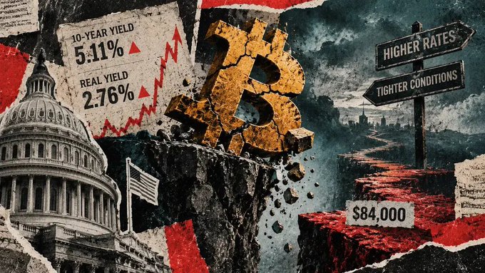 A dramatic financial-themed collage featuring the US Capitol, a large golden Bitcoin symbol, news clippings showing '10-YEAR YIELD 5.11%' and 'REAL YIELD 2.76%', signs pointing to 'HIGHER RATES' and 'TIGHTER CONDITIONS', and '$84,000'.