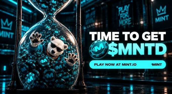 A vibrant digital advertisement featuring a bear character in sunglasses trapped inside an hourglass filled with blue 'M' tokens, with text reading 'TIME TO GET $MNTD' and 'PLAY NOW AT MINT.IO'.