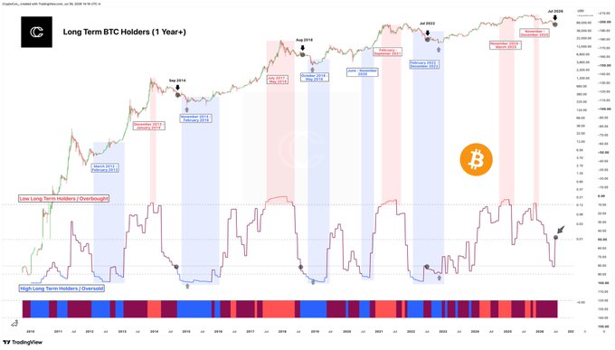 This chart tracks "Long Term BTC Holders (1 Year+)" and shows the metric recently bouncing back above its midline, mirroring the accompanying post's analysis of market conditions.