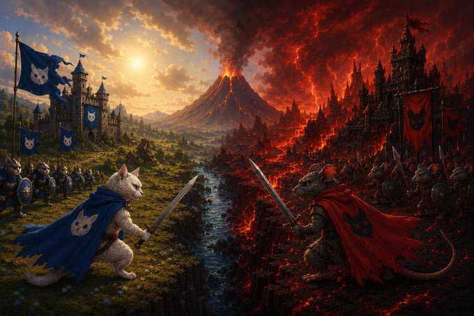 A fantasy battle scene depicts an army of white cats in blue capes and a fortress bearing a white cat emblem on the left, clashing across a lava-filled divide against an army of rats in red capes with a dark fortress on the right, set against a dramatic erupting volcano. The image visually represents the "Rinder Wars" narrative by illustrating the two opposing species—the hoarding, fortress-building rats and the raiding cats—locked in territorial conflict over the land between them.