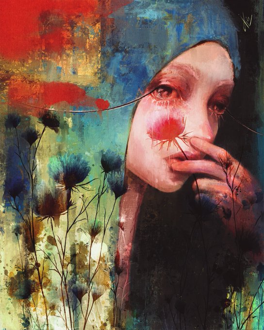 A mixed-media style painting depicts a woman with a blue headscarf touching her face, set against a vibrant background of red, blue, and yellow hues with thistle flowers.
