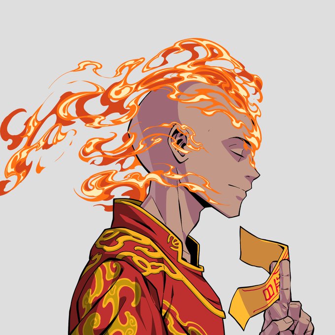 A profile illustration of a serene character with flame-like orange hair wearing a red and gold robe, holding a yellow banner with red characters, capturing the martial arts and stylized anime aesthetic referenced in the Karate Kid-inspired post.