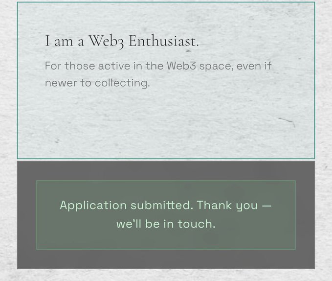 A screenshot showing a completed whitelist application for "I am a Web3 Enthusiast," with a confirmation message reading "Application submitted. Thank you — we'll be in touch." The image confirms the user's successful submission to the @Frag_Growth whitelist, aligning with their post about applying and hoping for acceptance as a new collector.