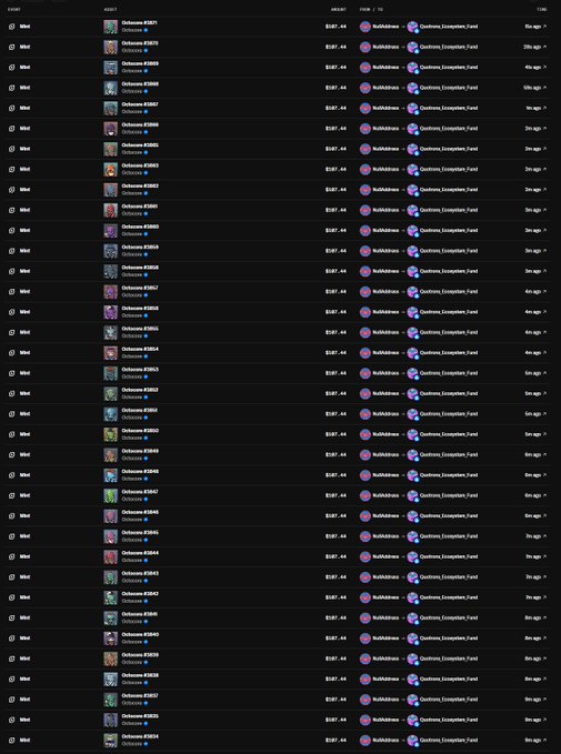 A dark-themed blockchain transaction log interface showing numerous entries with wallet addresses, small profile icons, and timestamped transaction records with purple/blue accent colors.