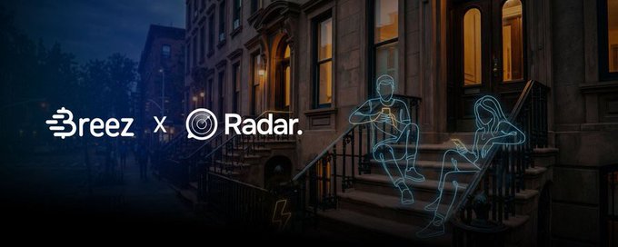 A promotional banner showing a partnership between "Breez" and "Radar." featuring neon-style outline figures of two people sitting on the steps of a brownstone building at dusk.