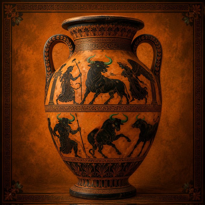 An ornate ancient Greek-style amphora vase with black figure paintings of mythological scenes, framed by a Greek key pattern border.