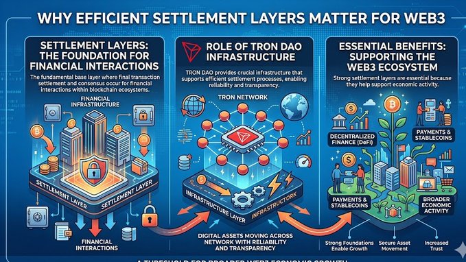 The image presents a detailed illustration of three different layers of a web3 system, each representing a different aspect of its functioning. The first layer shows a city skyline with buildings, symbolizing financial transactions within the ecosystem. The second layer depicts a network of roads connecting various locations, signifying the movement and transfer of digital assets across the network. The third layer represents the settlement process, which is crucial for the smooth operation of the web3 system. The image also includes text that explains why efficient settlement layers matter for Web3 systems, providing insights into the importance of these layers in facilitating secure and efficient transactions within the blockchain ecosystem.