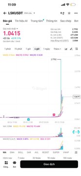 A smartphone screenshot displays the LSK/USDT trading chart on what appears to be a crypto exchange, showing a current price of 1.0415 with a sharp recent decline highlighted on the 1-hour timeframe, visually confirming the poster's loss from catching the LSK bottom before the breakdown.