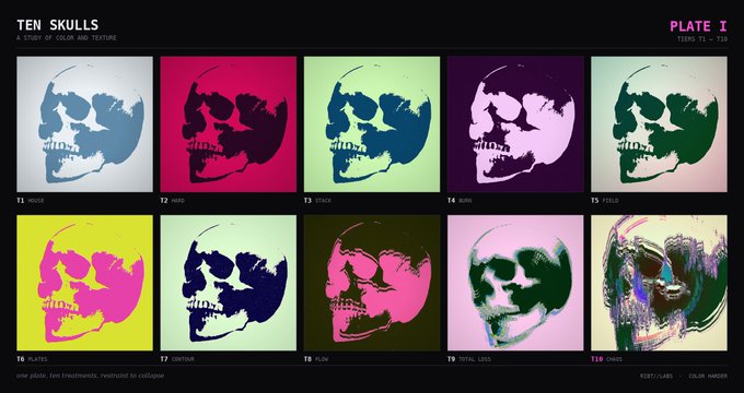 An art poster titled 'TEN SKULLS: A STUDY OF COLOR AND TEXTURE' displaying ten skull images (T1-T10) rendered in various colors and treatments, credited to K21T/JAM3 and Color Indexer.