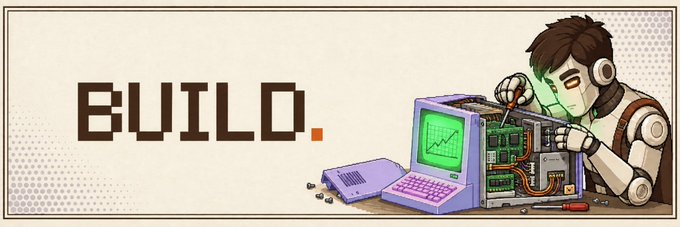 A pixel-art style banner featuring a robotic figure assembling or repairing a retro computer displaying a green upward trending chart, alongside the bold text "BUILD." The imagery visually reinforces the announcement of the live builder registry on Ink Onchain, symbolizing creators actively building and tracking growth toward the 20,000,000 Terminal Points pool.