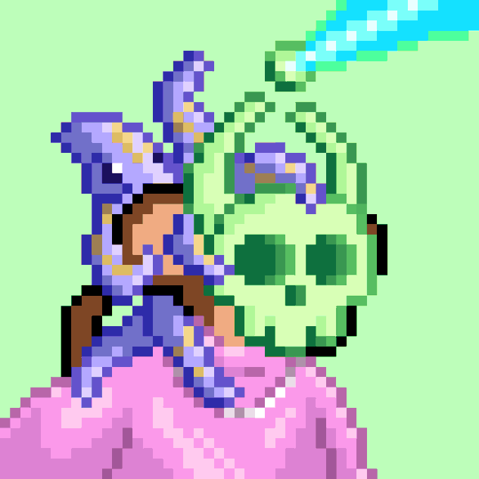 A pixel art illustration of a character wielding a glowing blue and green sword, wearing a green skull mask and blue armor against a light green background.