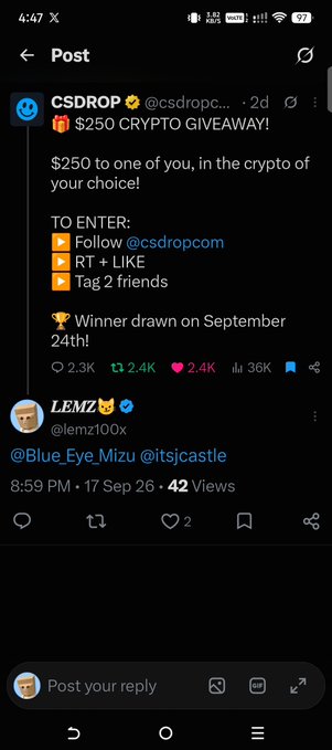 An X (formerly Twitter) post by verified account 'CSDROP @csdropc...' announces a '$250 CRYPTO GIVEAWAY!' requiring users to follow @csdropcom, retweet, and tag 2 friends, with a winner drawn September 24th, gaining 2.3K replies and 36K views.