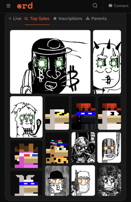 A mobile app screen titled 'ord' showing a 'Top Sales' tab displaying various NFT-style pixel art characters and wojak-style drawings.