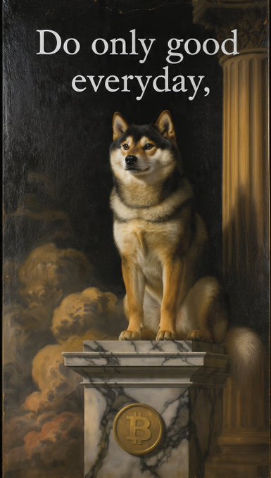 A Shiba Inu dog sits regally on a marble pedestal with a Bitcoin logo, accompanied by the text 'Do only good everyday,' in a classical, Renaissance-style painting aesthetic.