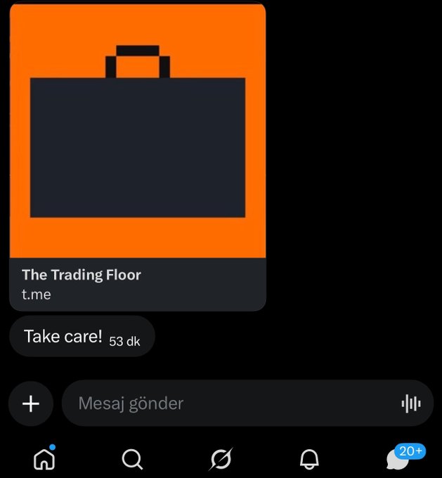 The image shows a Telegram chat titled "The Trading Floor" (translated from "The Trading Floor" logo) where a message reads "Take care!" sent 53 days ago. The interface is in Turkish with a "Mesaj gönder" (Send message) input field and a notification badge showing "20+," indicating an active private group likely used to share the upcoming $clockincoin token launch details and contract address.
