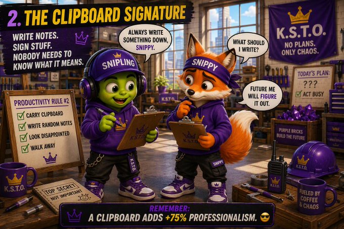 A humorous infographic titled '2. THE CLIPBOARD SIGNATURE' featuring cartoon characters Snippy and Snippy wearing K.S.T.O. branded hoodies, with tips like 'CARRY CLIPBOARD' and 'WALK AWAY', sponsored by Ülker.