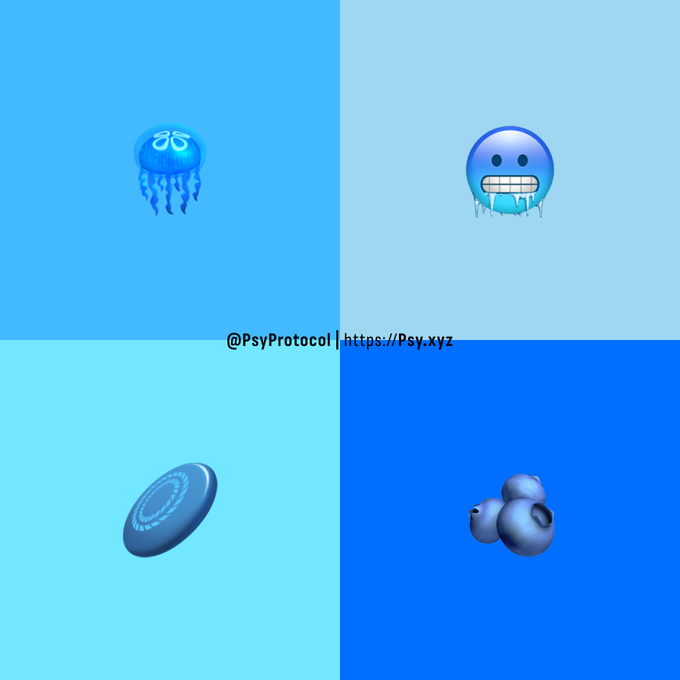 The image displays a 2x2 grid of blue-toned emoji-style graphics featuring a jellyfish, cold face, button, and bubbles against varying blue backgrounds, with the text "@PsyProtocol | https://Psy.xyz" centered. It appears to be a color comparison poll inviting viewers to identify which blue shade matches the official "Psy blue" brand color.