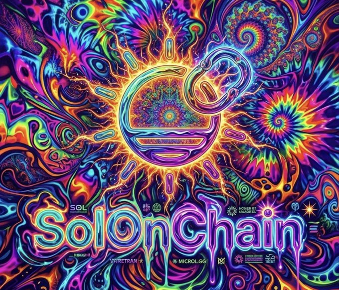 A vibrant, psychedelic digital artwork featuring the text 'SOL OnChain' with intricate, colorful patterns, mandalas, and a stylized 'e' symbol in the center.