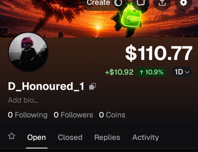Mobile screenshot of a trading profile for user 'D_Honoured_1' showing a balance of $110.77 with a +$10.92 (10.9%) gain over 1 day, featuring anime-themed banner art.