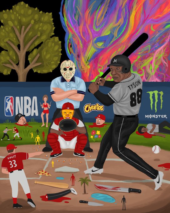 A surreal baseball scene illustration features a batter labeled 'TYSON 88' facing a Jason Voorhees-masked catcher and umpire, with logos for NBA, Cheetos, and Monster Energy in the background.