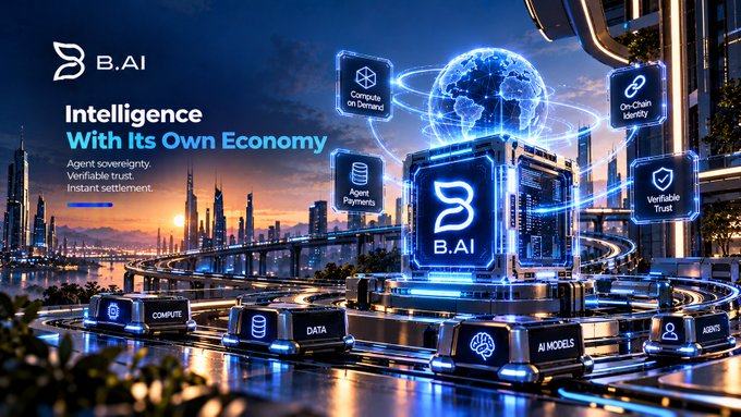 A promotional graphic for 'B.AI' featuring the tagline 'Intelligence With Its Own Economy' and highlighting features like 'Compute on Demand,' 'Agent Payments,' and 'Verifiable Trust' against a futuristic cityscape.