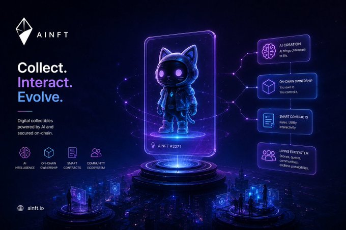A promotional graphic for 'AINFT' displays a glowing, futuristic cat character in a space suit labeled 'AINFT #3271,' with the tagline 'Collect. Interact. Evolve.' highlighting features like AI intelligence, on-chain ownership, and a living ecosystem.