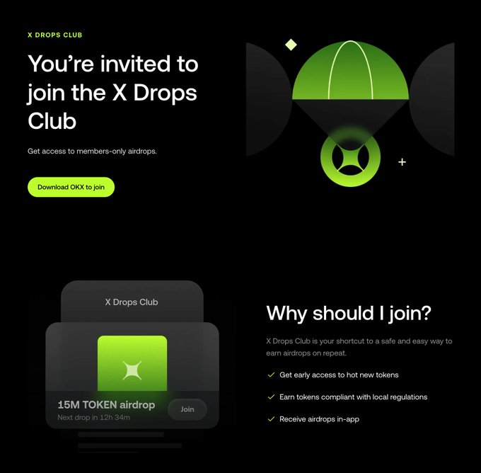 A dark promotional graphic invites viewers to join the OKX "X Drops Club" to access members-only airdrops, featuring a green geometric design and a "Download OKX to join" button. The lower section highlights benefits like early token access and a sample "15M TOKEN airdrop" with a 12h 34m countdown, illustrating the free token rewards the post mentions for simply holding assets on the platform.