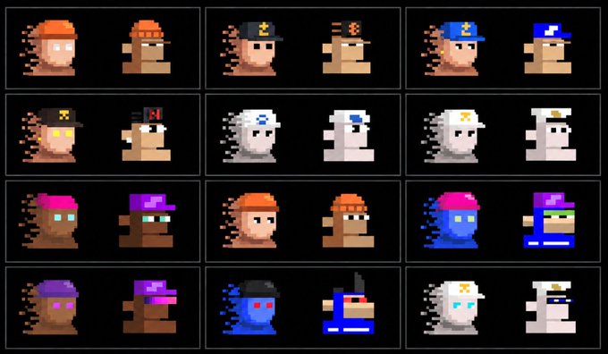 A grid of pixel-art character sprites, likely avatars or NFTs, displayed in pairs showing two slightly different variations or angles of each character, featuring various designs with caps, helmets, and distinct color schemes.