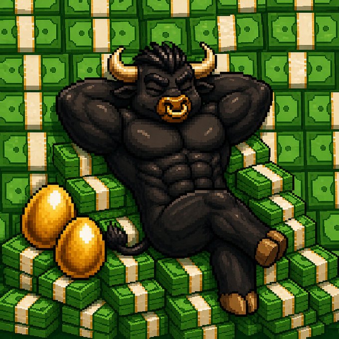 A pixel art illustration of a muscular black bull lounging on stacks of money with golden eggs beside it.