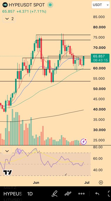 A candlestick chart of HYP/USDT on the 1D timeframe shows a +7.11% gain to 65.857, with price action consolidating near recent highs around 60-70K after a strong uptrend from May lows. The chart visually supports the post's claim that $HYPE continues to "keep behaving" bullishly, holding above key support levels near 60K with the RSI showing sustained momentum.