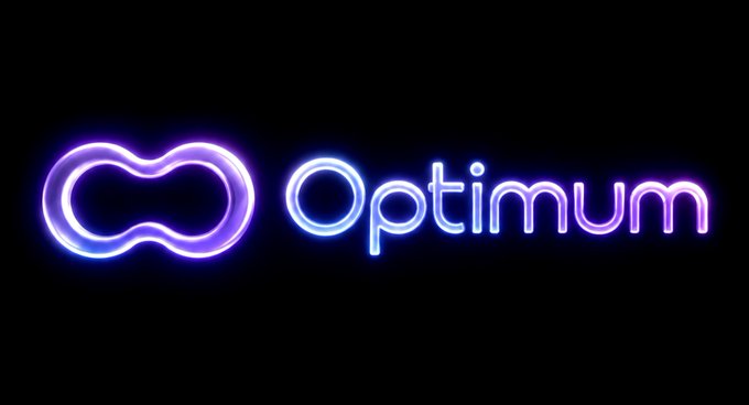 A neon-style logo displaying a purple and blue infinity-like symbol next to the word "Optimum" on a black background.