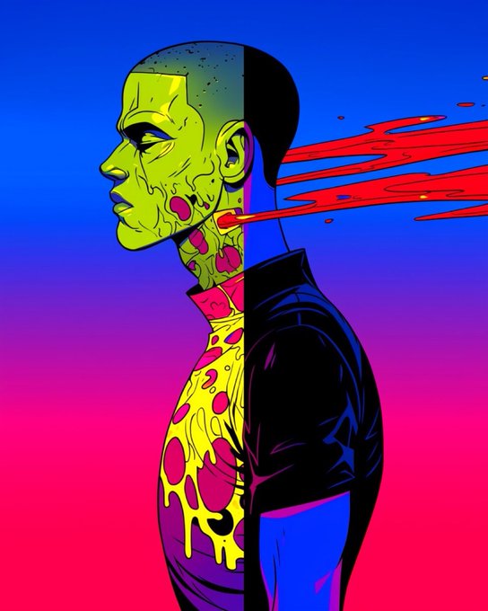 A stylized digital illustration shows the profile of a decaying figure split down the middle—one side half-zombie, the other normal—with red fluid shooting horizontally from its neck.