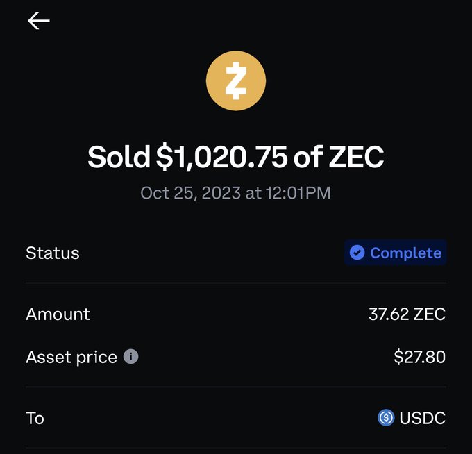A crypto exchange confirmation screen showing a completed sale of 37.62 ZEC for $1,020.75 at $27.80 per coin, exchanged to USDC on Oct 25, 2023.