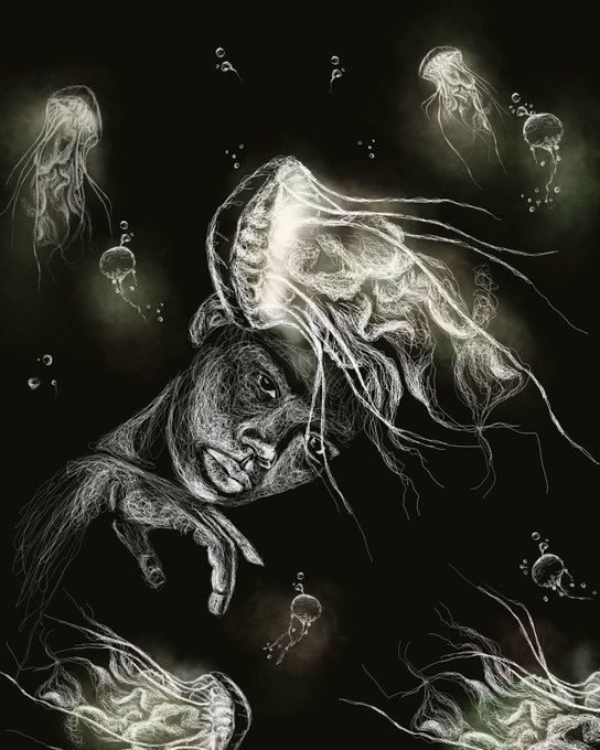 A dark, sketchy artistic illustration showing jellyfish-like creatures entangled with distorted, ghostly faces in white chalk-like strokes on a black background.