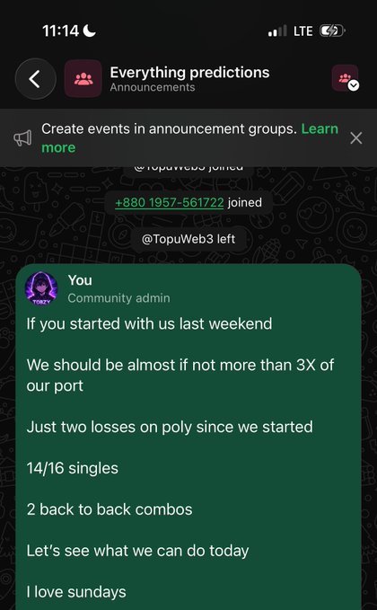 Screenshot of a messaging app group called "Everything predictions" showing an announcement about betting predictions with a message from a community admin detailing a 14/16 singles record and 2 back-to-back combos.