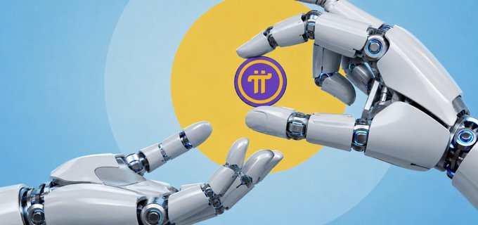 Two sleek robotic hands delicately cradle a Pi (π) Network coin against a bright yellow circle on a blue background, symbolizing AI and technology's role in Pi's future evolution from a symbolic $314 valuation to a global payment network powering real-world applications.