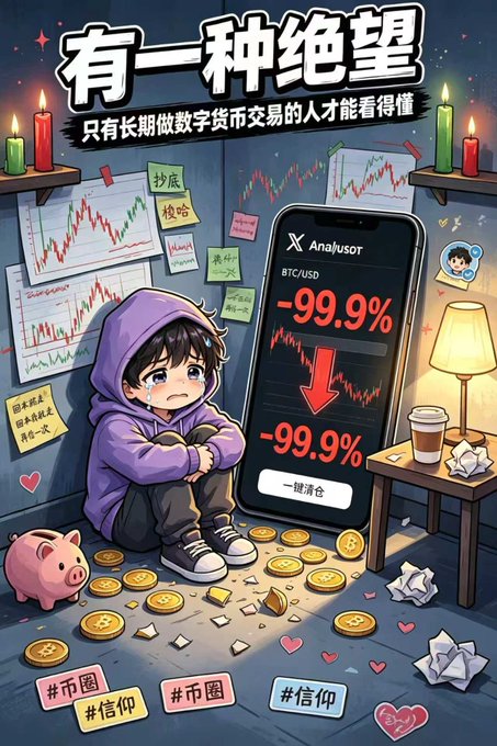 An illustration of a crying person in a hoodie surrounded by falling gold coins and crumpled paper, with a phone showing BTC/USD down 99.9% and a "一键清仓" button. Chinese text at top reads "有一种绝望 只有长期做数字货币交易的人才能看懂" (There is a kind of despair only those who have traded cryptocurrency long-term can understand), with hashtags #币圈 #信仰 at the bottom.