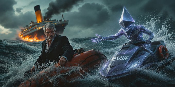 A man in a suit clings to a lifeboat as the Titanic burns in the background, while a crystalline geometric figure labeled "RESCUE" reaches out to him amid stormy seas—symbolizing an escape from financial ruin into the safety of Ethereum (ETH).