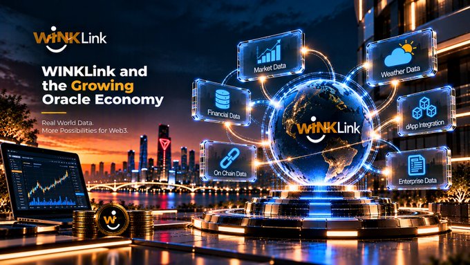 A promotional banner for 'WiNKLink' titled 'WiNKLink and the Growing Oracle Economy' with tagline 'Real World Data. More Possibilities for Web3,' showing interconnected data services like Market Data, Weather Data, Financial Data, On Chain Data, dApp Integration, and Enterprise Data around a globe.