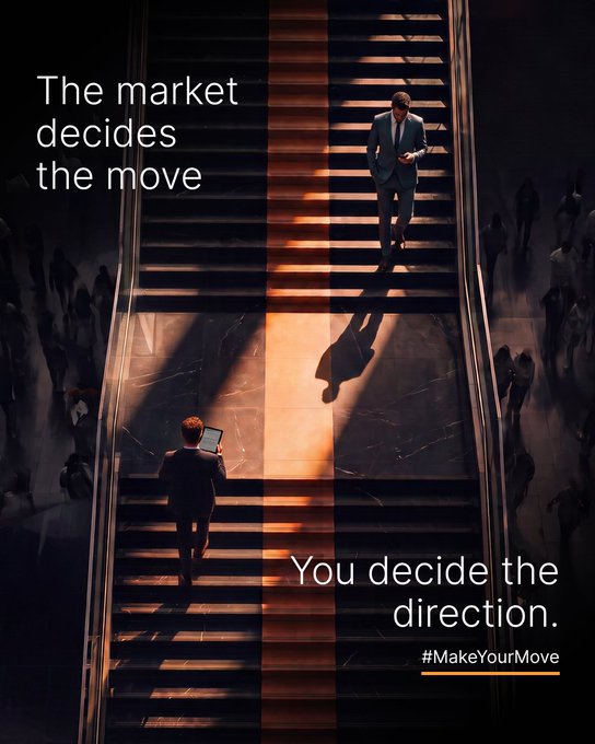 A businessman on stairs with text "The market decides the move" and "You decide the direction. #MakeYourMove," promoting Bybit TradFi Perpetuals by emphasizing user choice over market direction.