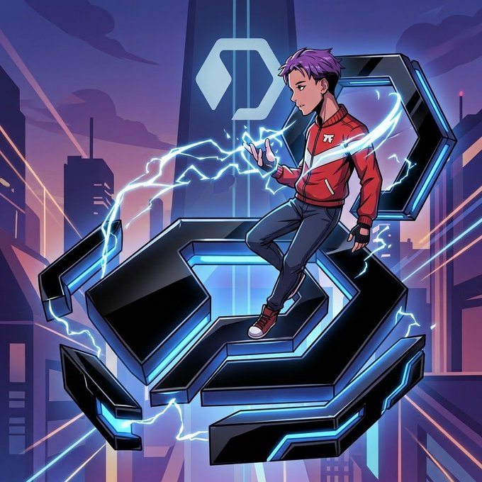 A digital illustration depicts a character with purple hair wearing a red jacket standing on a hexagonal platform surrounded by blue electricity against a city skyline.