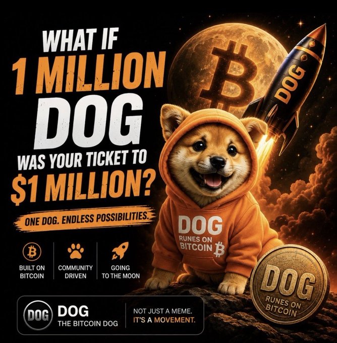 Promotional graphic for 'DOG • The Bitcoin Dog' with text 'WHAT IF 1 MILLION DOG WAS YOUR TICKET TO $1 MILLION?' and 'DOG RUNES ON BITCOIN', showing a Shiba Inu in an orange hoodie next to a Bitcoin rocket and moon.