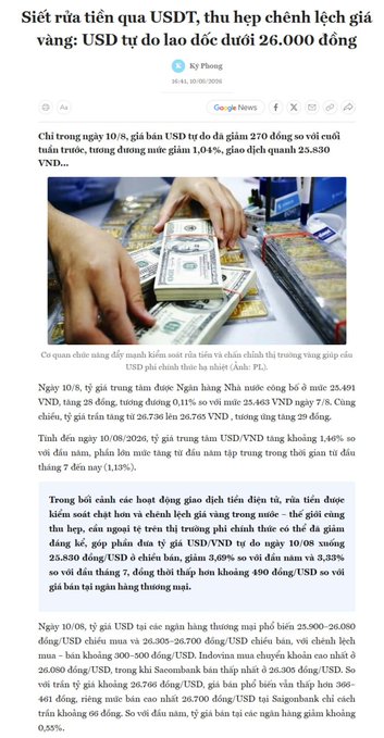 A Vietnamese news article screenshot from "Kỳ Phong" dated August 10, headlined "Siết rút tiền qua USDT, thu hẹp chênh lệch giá vàng: USD tự do lao dốc dưới 26.000 đồng," reporting that USD on the free market dropped below 26,000 VND (around 25,830–25,890 VND at banks and 25,460–26,080 VND on the black market), narrowing the gap with bank rates and falling up to 7% from the 27,000 VND peak earlier in the year. The accompanying post aligns with this, noting USDT's decline as well-deserved amid tightening USDT withdrawal measures that are curbing gold price spreads.
