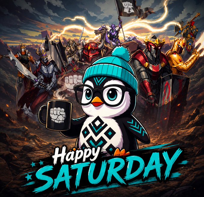 A vibrant illustration featuring a cartoon penguin wearing glasses and a teal beanie, holding a mug with a fist design. The penguin stands in front of an army of armored knights and warriors. Text at the bottom reads 'Happy SATURDAY' in stylized lettering.