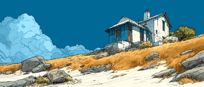 An illustrated landscape showing a weathered white house with blue trim sitting on a rocky, golden-grass hillside under a deep blue sky with billowy clouds.